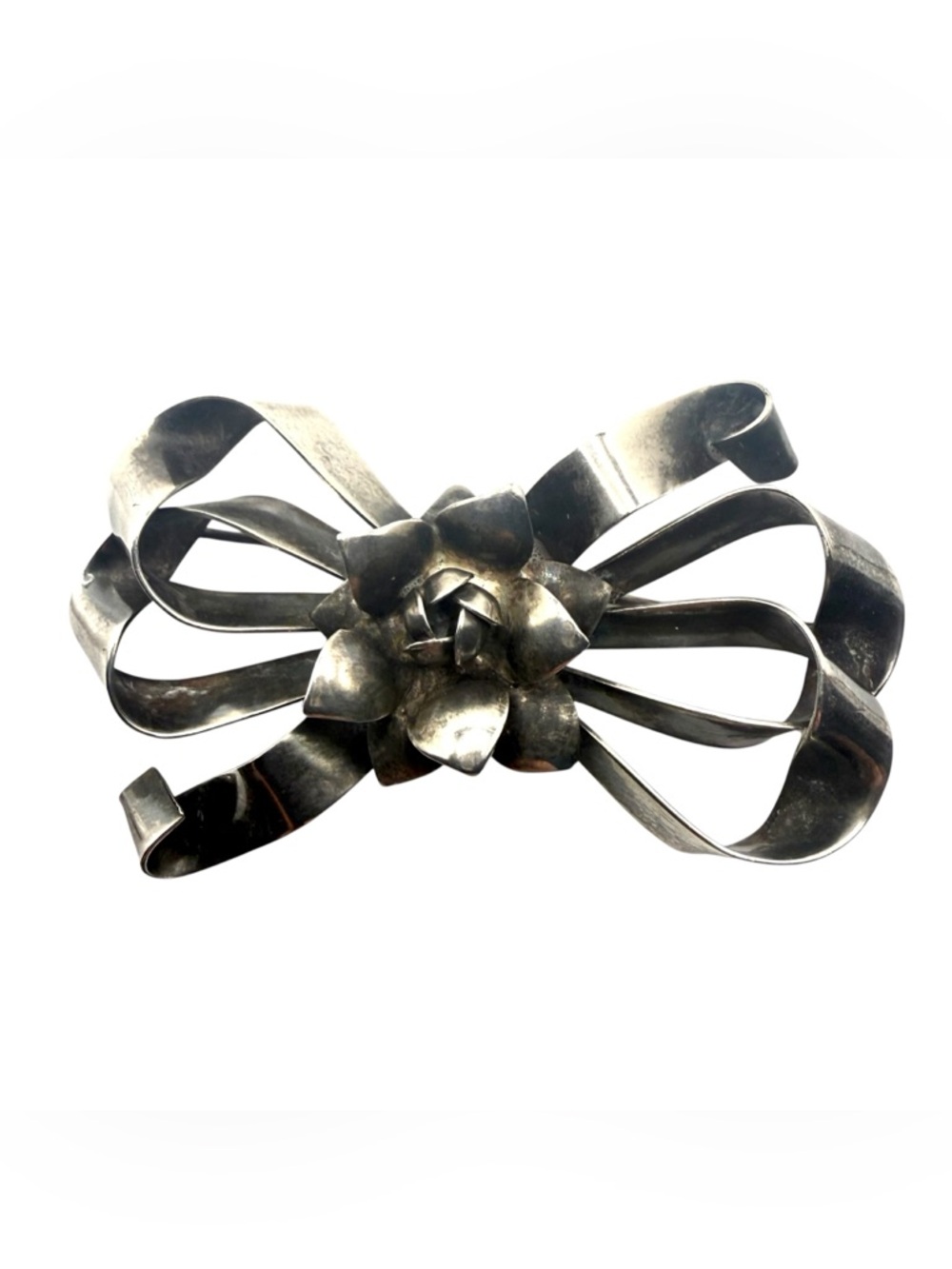 Raffaele Sterling Modernist Bow Brooch – Large Abstract Floral Mid Century Pin
